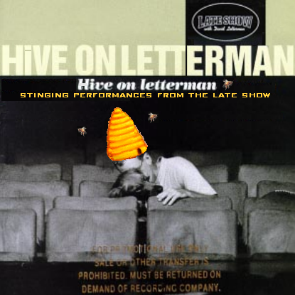 Album cover parody of Live On Letterman : Music From The Late Show by Bill Wendell, Alan Kalter, Leonard Tepper, Manny Papp, Fred Melamed, Sirajul Islam, Kenny Sheehan, Maria Pope, Michael Zegen, Kiva Kahl