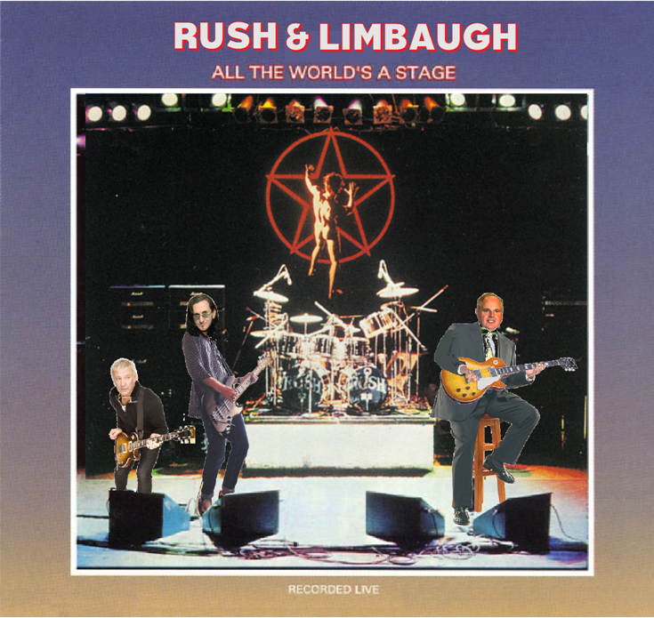 Album cover parody of All The World's A Stage by Rush